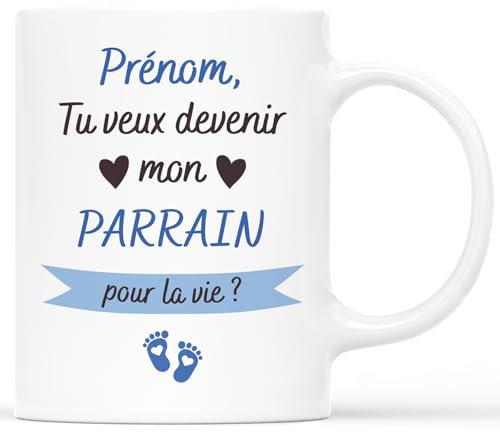 𝗖𝗔𝗗𝗘𝗔𝗨 𝗣𝗟𝗨𝗦 Mug Personnalisé Prénom - Tu Veux Devenir Mon Parrain Pour La Vie ? - Cadeau Parrain, Cadeau Parrain Marraine Bapteme, Cadeau Parrain Personnalisé, Tasse Parrain Marraine Bapteme