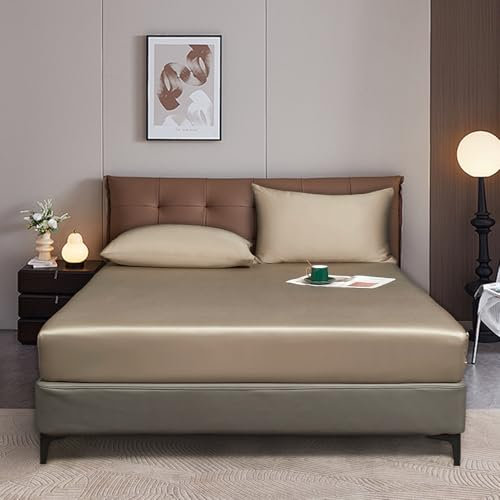 Luofanfei Spannbettlaken 140x200 Gold Khaki Boxspringbett Frottee Glänzend Sommer Kühlend Bambus Microfaser Bettlaken Uni Spannbetttücher für Hohe Matratze bis 25-30 cm