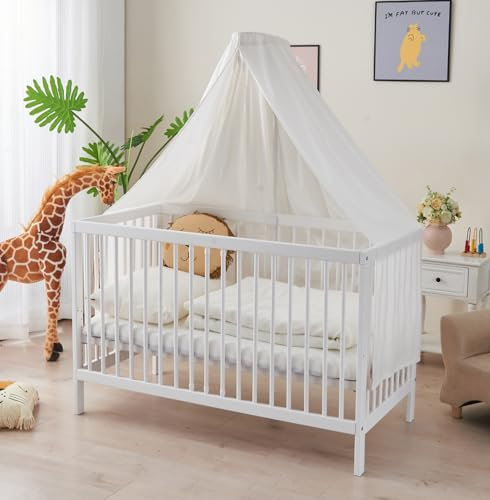 ALAVYA HOME® Komplettbett Babybett 70x140 mit Matratze, Himmel und Himmelstange aus Buchenholz (Tobi - Matratze + Himmel Weiß + Himmelstange, 70 x 140 cm)