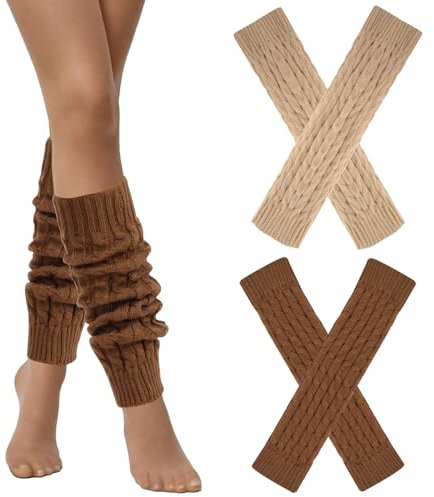 Risipu 2 Pairs Women's Knit Leg Warmers Chunky Cable Knee High Boot Cuffs Cozy Crochet Ankle Warmers for Winter leg warmers for women and girls (khakiand beige One Size)