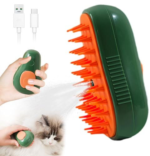 Cat Steam Brush, 3 in 1 Cat Steamy Brush, Self Cleaning Steam Cat Brush for Cats & Dogs, Rechargeable Cat Grooming Brush, Silicone Cat Steam Brush for Removing Tangled and Loose Hair (Green)