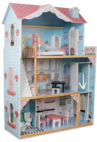 Lil' Jumbl Puppenhaus aus Holz mit Aufzug, Balkon & Treppe, Zubehör und Möbel inklusive, 3-stöckig, einfach zu montierendes Puppenhausspielzeug – X-Large