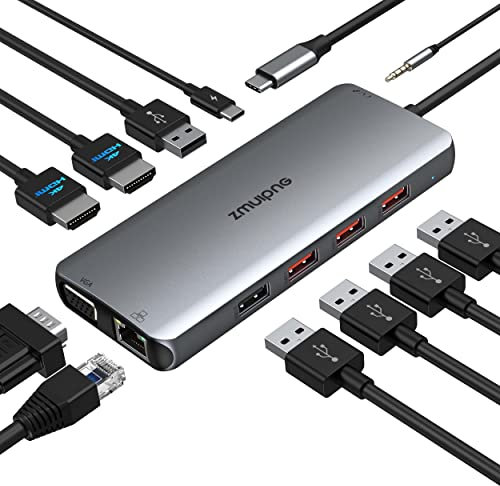 USB C Docking Station, Dockingstation Dual Monitor USB-C Hub mit 2 4K HDMI,VGA,3USB 3.1 10Gbps,2USB 2.0,Ethernet,100W PD,3.5mm Audio/Mic, Triple Display USB C Dock für MacBook air/pro,Dell,Lenovo,HP