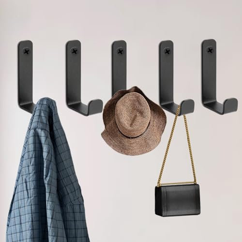 QMAHA 5 Piezas Perchas Pared, Individuales Perchero Pared Abrigos con Tornillo Metal Gancho Perchero de Pared para Colgar, Modernos Ganchos Toalla para Estante Baño Gabinete - Negro