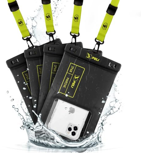 PELI 4 Stück Marine – IP68 wasserdichte Handy-Tasche (XL-Größe), schwimmende, wasserdichte Handyhülle für iPhone 16 Pro Max/iPhone 15 Pro/14 Pro/13/12/S25, abnehmbares Umhängeband, Schwarz/Gelb
