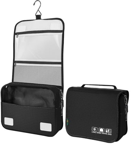 Beauty Case Uomo Donna da Kit Viaggio Accessori Utili Borsa da Toilette Impermeabile Grande per Porta Trucchi da Viaggi Borsette da Bagno Compatta da Appendere Portatrucchi Astuccio Organizer(Nero)