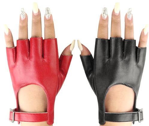 CVDYWDJIE 2 Paar Halbfingerhandschuhe Im Punk-Stil, Pu-Erhandschuhe, Modische Einfache Handschuhe, Bekleidungszubehör, Performance-Handschuhe (Schwarz, Rot)