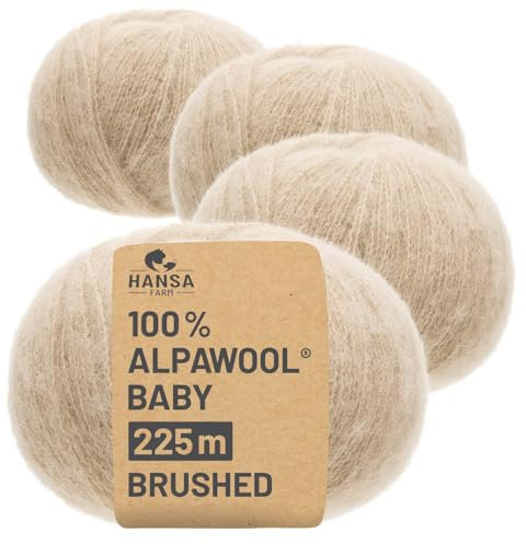 HANSA-FARM |Alpawool 100% Baby Alpaka Brushed 200g Set (4 x 50g) leichte und kratzfreie Wolle zum Stricken & Häkeln - NFA02 Beige