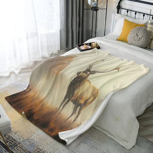 Kuscheldecke Flauschig Decke, 130X150Cm Flanell Fleecedecke Misty Hirsch, Wohndecke Fluffy Blanket, Weich Und Warme Als Sofadecke Wildtier Couchdecke Tagesdecke