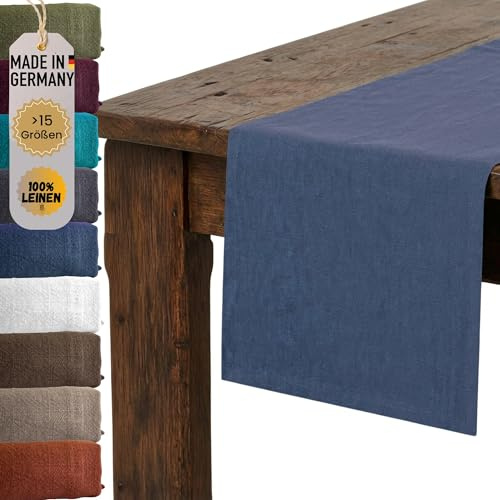 chambry Premium Tischläufer 100% Leinen Stonewashed - Handarbeit Made in Germany - natürliche und hochwertige Tischdekoration aus Naturmaterial - Blau 40cm x 180cm
