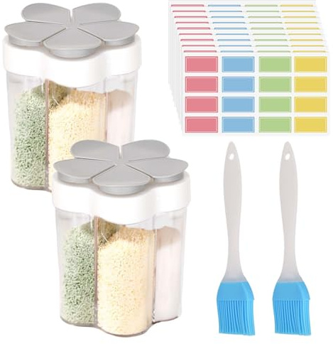 Luxvara 2 Stück Kunststoff Gewürzstreuer, 5 in 1 Transparent Gewürzgläser Gewürzboxen Dewürzstreuer Gewürzdosen mit 2 Stück Silikon Backpinsel und 160 Stück Bunte Leere Etiketten für Reisen Küche