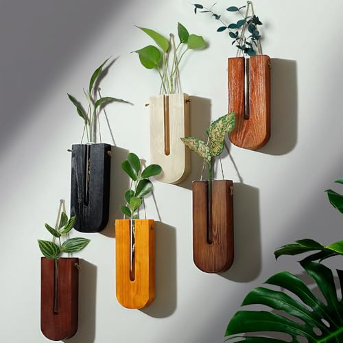 Paquete de 6 macetas de pared para plantas de interior, maceta colgante de madera, estación de propagación, jarrón de bolsillo de madera, decoración de pared de madera para sala de estar, dormitorio