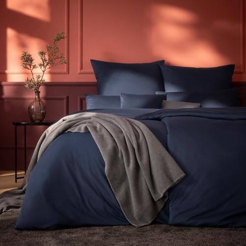 ESTELLA Jersey Bettwäsche Set, 155x220 cm + 80x80 cm, Indigo | 100% Baumwolle, trocknerfest, bügelfrei, Mako Interlock Jersey, Deutsche Markenqualität, Garantie Reißverschluss