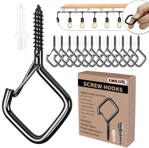 Emiluil 42 PCS Metal Black Eye Screw Hooks for Hanging Heavy Duty.Windproof Ceiling Hooks for Hanging Plants,Cup,Wind Chime,Bird Feeders,Christmas String Lights at Indoor&Outdoor 2.2 Inch