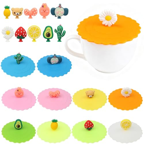 10 Stück Silikon Glasabdeckungen Trinkglas 10cm Bunt Silikondeckel für Gläser, Anti-Staub Cartoon Trinkgläser Deckel für Trinkgläser, Wasserbecher, Weingläser, Kaffee (Bunt - 10 Stück)