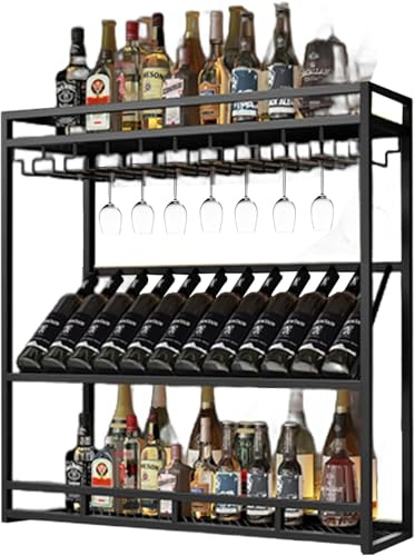 Wandmontiertes Weinregal, Modernes Vollmetall-weinregal Mit Großer Kapazität Mit Flaschen- Und Getränkehaltern, 3-stufiges Multifunktionsregal Für Das Aufbewahrungsr, Black, 100cm/39.4in
