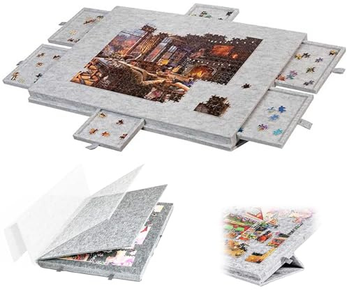 Tilting Puzzle Board, 2-in-1 Designed Stand & Cover Portable Jigsaw Puzzle Table with 6 Drawers Lightweight Felt Jigsaw Board for Adults and Kids for 1000 Pieces Puzzle, Grey