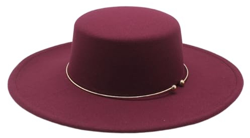 SANSIWU Y2K Fedora-Hut für Damen und Herren, elegant, breite Krempe, einfarbig, klassischer Filzhut mit goldfarbenem Metallband, flache Oberseite, Jazz-Kappe, Streetwear