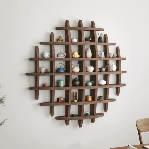 TAUIANE Solid Wood Chinese Tea Cup Holder, Wall Mounted Teapot Display Stand, Wall Decoration Teaware Shelf, Storage Rack for Living Room Kitchen Office Commercial