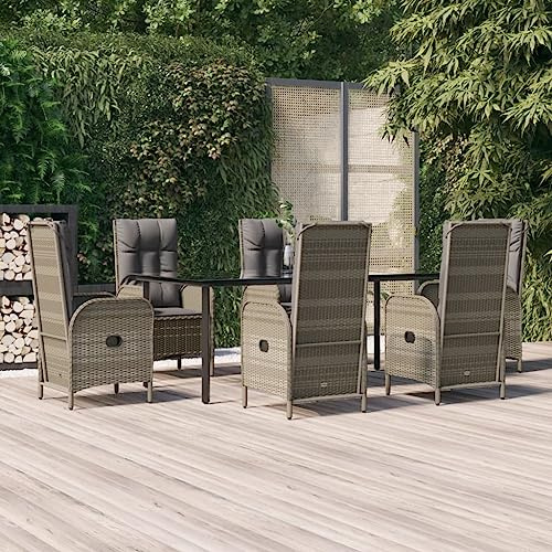 Mandloder 7-TLG. Garten-Essgruppe mit Kissen Schwarz und Grau Poly Rattan, verstellbare Sessel, Hartglas-Tischplatte, wetterfest, für Terrasse & Balkon