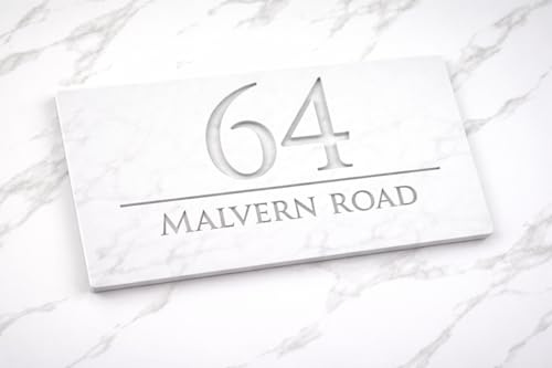 Mr Plaques Bellissima H3 A4 Floating House Sign Personalized Acrylic Door Plaque Modern Address Sign Custom Name Number House Plate Weatherproof Outdoor with Fixing Kit (Matt White & White Marble)