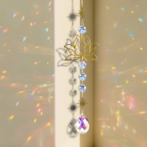 Soodyoow Lotusblüten Sonnenfänger Kristall, 45cm Sonnenfänger, Suncatcher Kristall, Kristalle zum Aufhängen, Sonnenfänger Fenster, für Fensterdeko, Haus, Büro, Auto und Garten