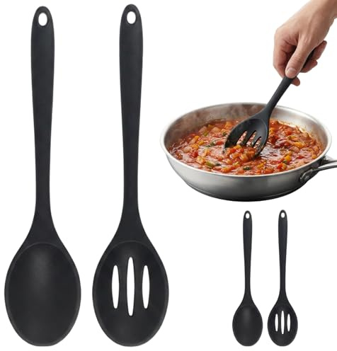 2PCS Black Cooking Spoons Set,Slotted Spoon,Kitchen Utensils for Everyday Meal Preparation, Comfortable Handle Design, Ideal for Draining and Stirring Various Foods