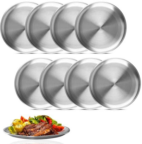 CZMTBO 8 Stück Edelstahl Teller, 20cm Spülmaschinenfest Teller Edelstahl Set Vielseitig Silber Edelstahlteller Runden Geschirr für Picknick Küchen Party Camping