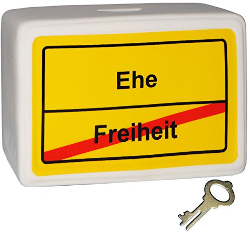 alles-meine.de GmbH große Spardose - Ortsschild - Ehe/Freiheit - mit Schlüssel und Schloss - stabile Sparbüchse aus Porzellan/Keramik - Sparschwein - Hochzeit/Braut & B..