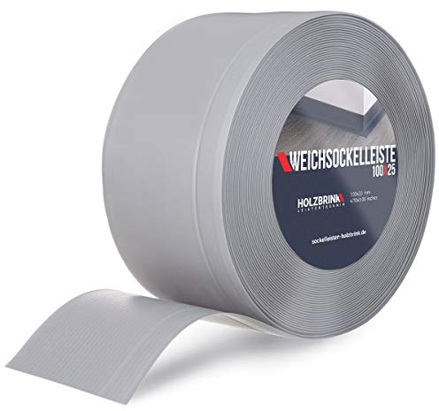 HOLZBRINK Weichsockelleiste PVC 100x25mm, 25 m | Wandleiste ohne Klebestreifen für Küche, Garage, Flur | Wandabschlussleiste PVC | Farbe: Grau