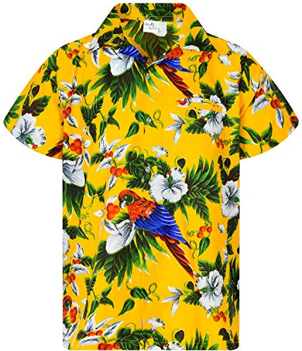King Kameha Funky Chemise-Hawaienne, Manche-Courte, Cherry-Parrot, Jaune, XL