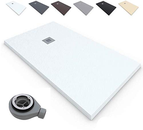 Plato de Ducha Extraplano EstiloBaño®TERRA Resina Antideslizante Textura Pizarra - Todos Tamaños Disponibles - 75x200, Blanco RAL-9003 - Incluye Válvula Desagüe + Rejilla