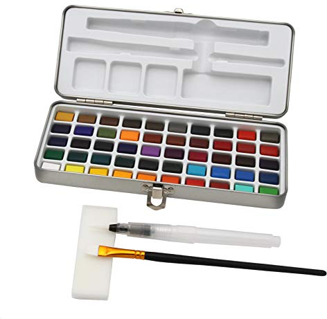 Paintersisters® Aquarell Malkasten, Farbkasten mit 50 Farbtönen und Wassertank-Pinsel im Metallkasten, Wasserfarben-Set mit 50 Näpfchen