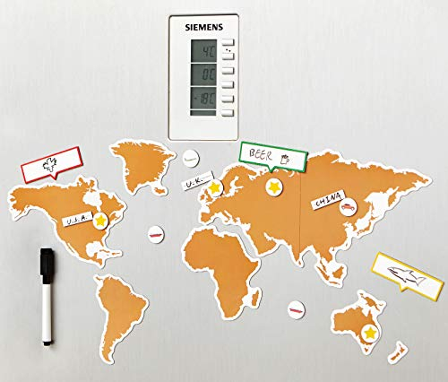 Vivo Fridge Magnet World Map with Marker Pen and Dry Wipe Magnetic Surface Set Fridge Freezer Magnet Travel Planner 58pcs Worldmap White/Gold