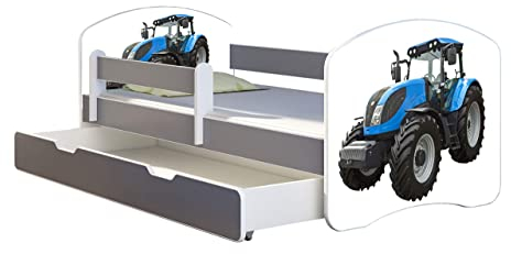 ACMA Kinderbett Jugendbett mit Einer Schublade und Matratze Grau mit Rausfallschutz Lattenrost II (42 Traktor, 140x70 + Bettkasten)