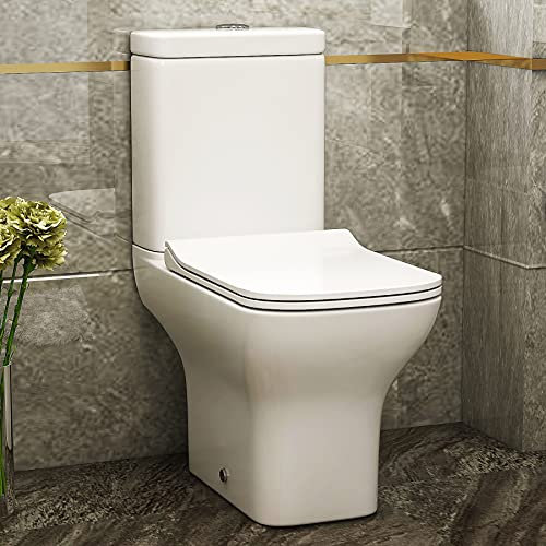 Qubix Rimless Close Coupled Toilet Square Pan Gloss White with Dual Flush Cistern & Quick Release Slim Soft Close Seat Bathroom WC