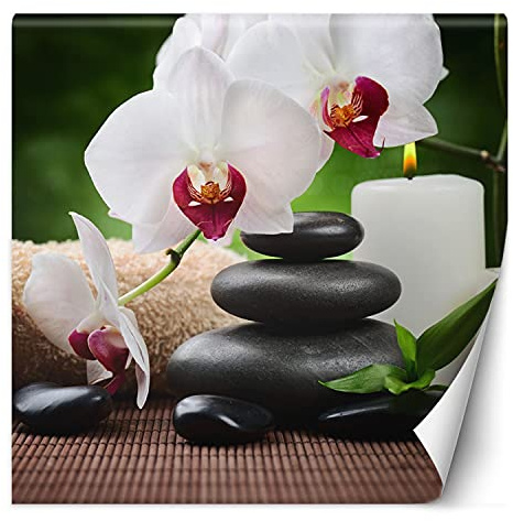 Feeby Fototapete XXL Steine Zen Orchidee 150x150 cm Weiß Vliestapete Moderne Design Wandtapete Küche Flur Wohnzimmer Büro Badezimmer Kinderzimmer Meditation Spa Kerze