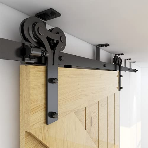 CCJH 8FT/240cm Schiebetürbeschlag Set Schiebetürsystem Deckenmontage Klammern Schwarz komplettes Set mit Y Form Laufrollen und Hängeschiene