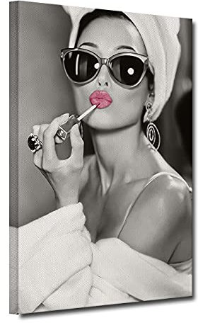 ZHONGYUTONG Audrey Hepburn Leinwandbild mit Rahmen Rosa Lippenstift Wand Gemälde Schwarz Weiß Kunstdruck Moderne Wanddekoration für Wohnzimmer Schlafzimmer (50x75cm)