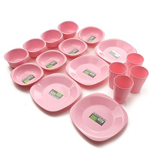 Reusable Small Plastic Dinnerware Set 16 Pcs (Pink)