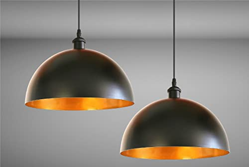 Trango 2er Set 9001B Retro Pendelleuchte Industrielle Vintage *VINTOS* Ø 360mm Pendellampe mit je 1x E27 Fassung Hängelampe, Deckenlampe, Hängeleuchte Lampenschirm in Schwarz-Gold ohne Leuchtmittel