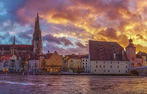 LHJOYSP Puzzle groß 3D Puzzle 1000 Teile Stadt Himmel Sonnenuntergang Brücke Fluss Architektur Deutschland Bayern Dom Bayern Regensburg 75x50cm