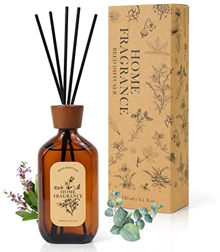 Raumduft Diffuser mit Stäbchen 120 ml - Eukalyptus-Salbei - Natürlich, Langanhaltend, fur Raum, Zuhausem, Büro, Spa mit 6 Duftstäbchen - Raumduft-Set