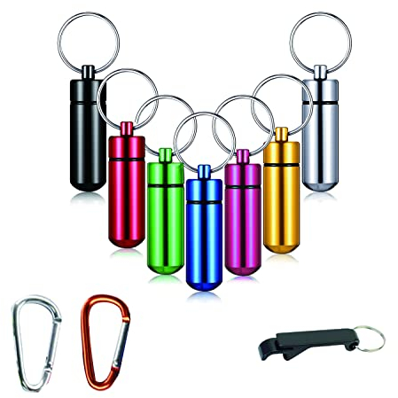 Pillenkapsel 7 Stück Pillenbox Mini Pillendose Schlüsselanhänger aus Aluminium Tragbare Tablettenbox Wasserdichte für Outdoor Reisen Camping, mit 2 Karabinerhaken, 1 Flaschenöffner
