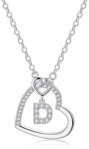 LIHELEI Damen Halskette Herz Buchstabe 925 Silber Kette Damen Personalisiere Kette, Geburtstags und Weihnachten Geschenk Für Frauen Mädchen Mama Freundin - D