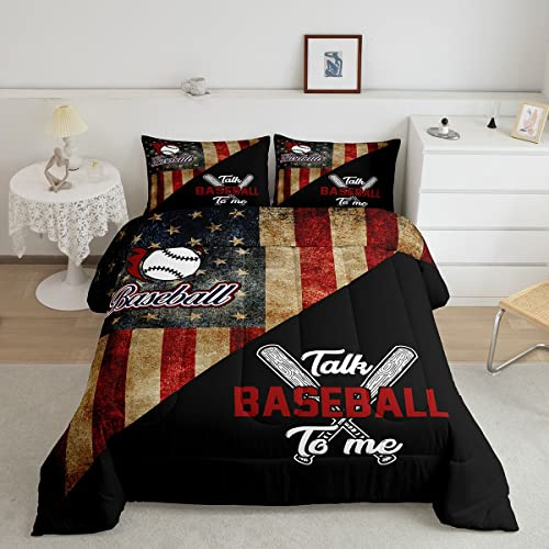 Baseball-Bettwäsche-Set für Jungen, volle Größe, amerikanische USA-Flagge, Retro-Bettwäsche-Set, Kinder, Mädchen, Erwachsene, Schlafzimmerdekoration, Baseballschläger, 3 Stück, 2 Kissenbezüge