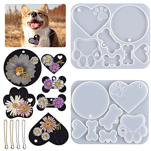 Bekecidi 6 Stück Keychain Resin Mould Kit,Silikonformen aus Harz,Herz,Hundeknochen,mit 4 Metallkette,für DIY-Kristallhandwerk,Haustier-Namensschild,Gießen,Hundehalsband,dekorative Anhänger