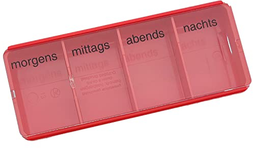 varivendo Tablettenbox Rot - Praktische Pillendose mit 4 Fächern – Zeitgestempelt für Morgen Mittag Abend Nacht – Ideal für Büro Reisen – Hochwertiger Tablettenorganizer