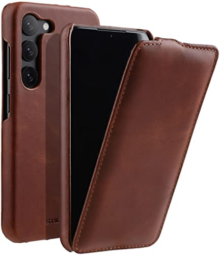 STILGUT UltraSlim kompatibel mit Samsung Galaxy S23 Hülle - Samsung S23 Flip Case aus Leder, Klapphülle, Handyhülle, Lederhülle - Cognac