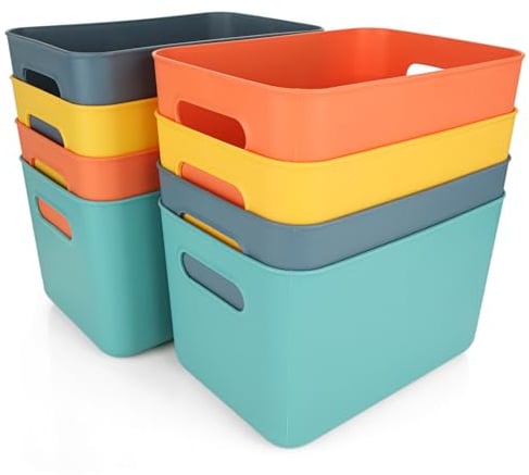 SHUESS 8 Pcs 16cm Height Plastic Storage Basket - Colourful Storage Baskets - Deep Plastic Storage Boxes Stackable for Kitchen Cupboards, Bathroom, Shelves, 25x17x16cm (5L)